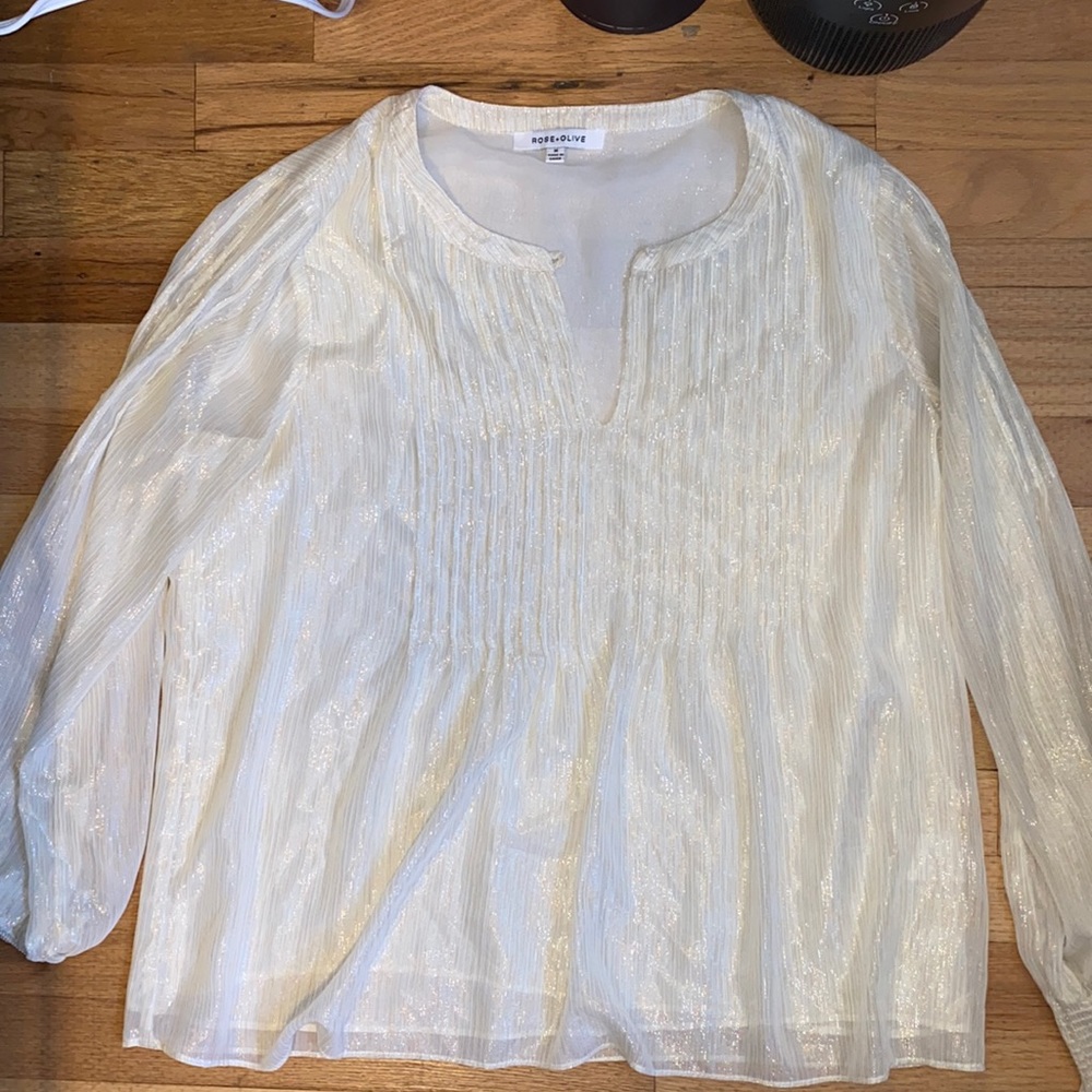 Shiny cream colored rose and olive long sleeve peasant top
